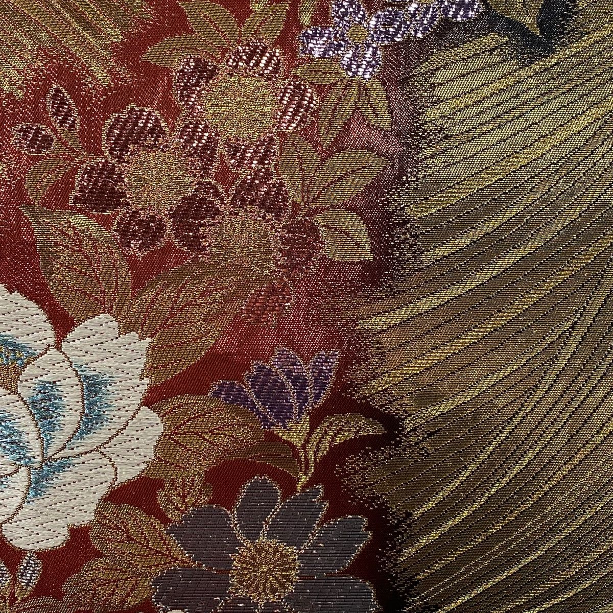 袋帯 秀品 草花 波 箔 唐織 金色 六通 正絹