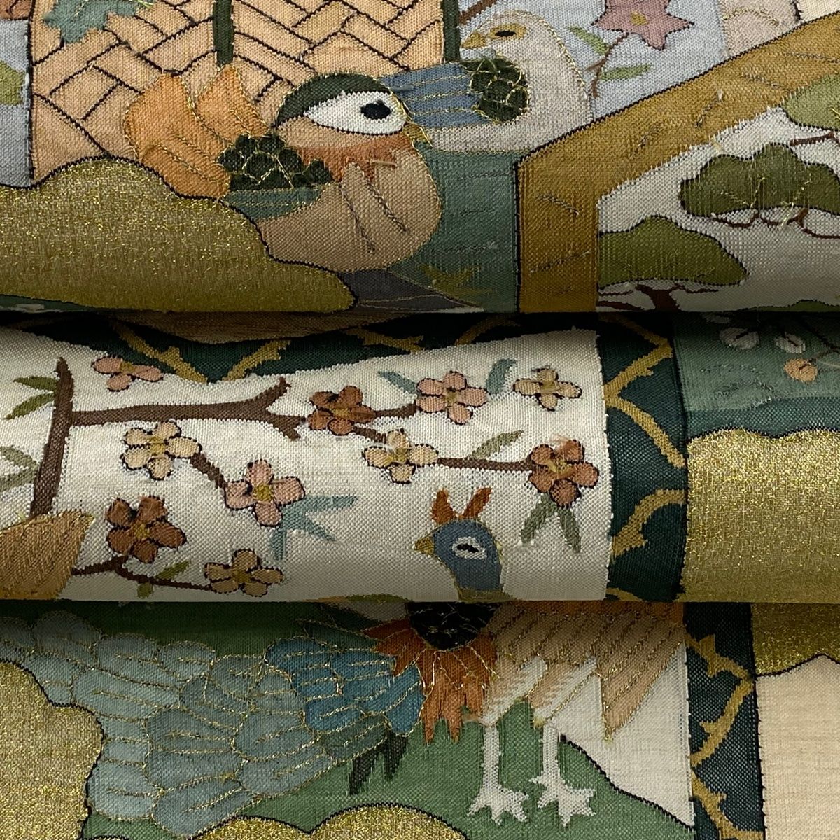 袋帯 屏風 花鳥 金糸 箔 ベージュ お太鼓柄 正絹 MERCADOAVALIA_COM_BR