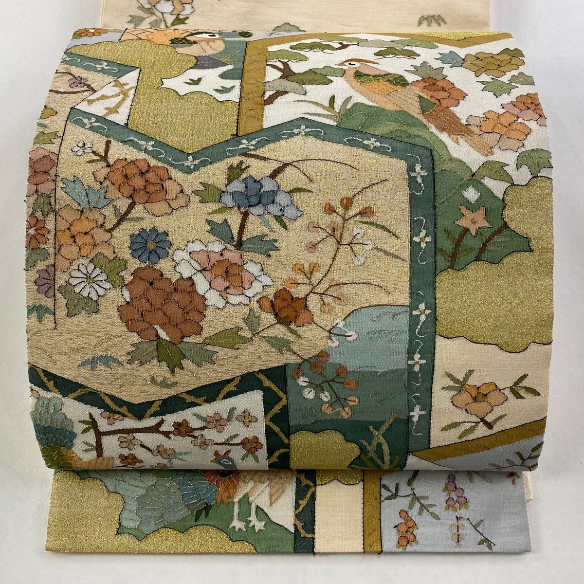 袋帯 屏風 花鳥 金糸 箔 ベージュ お太鼓柄 正絹