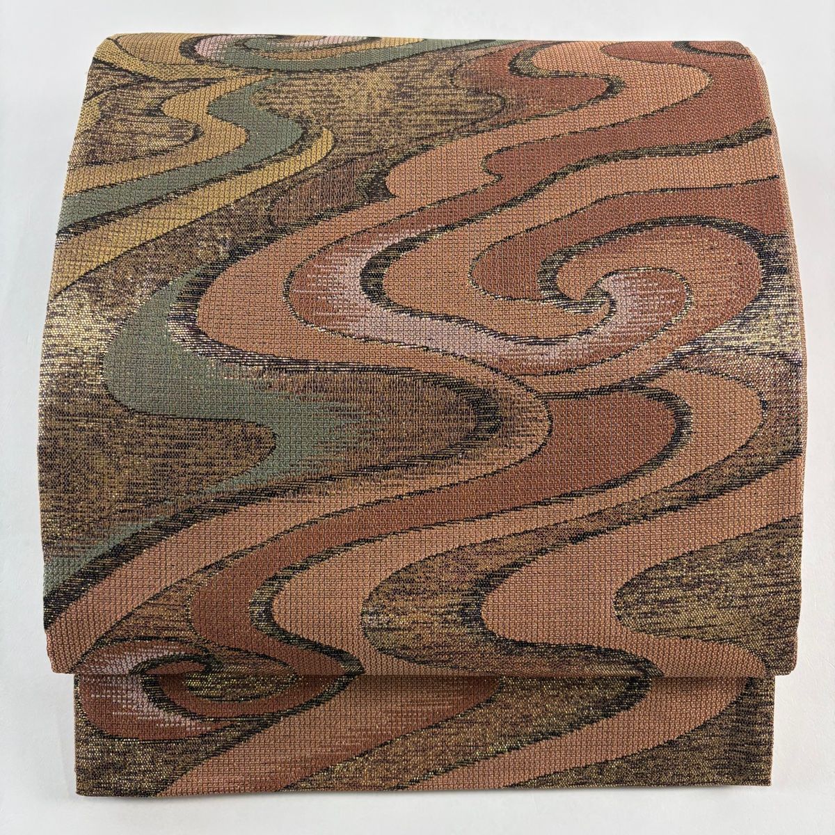 袋帯 秀品 幾何学模様 金糸 箔 赤茶 全通 正絹