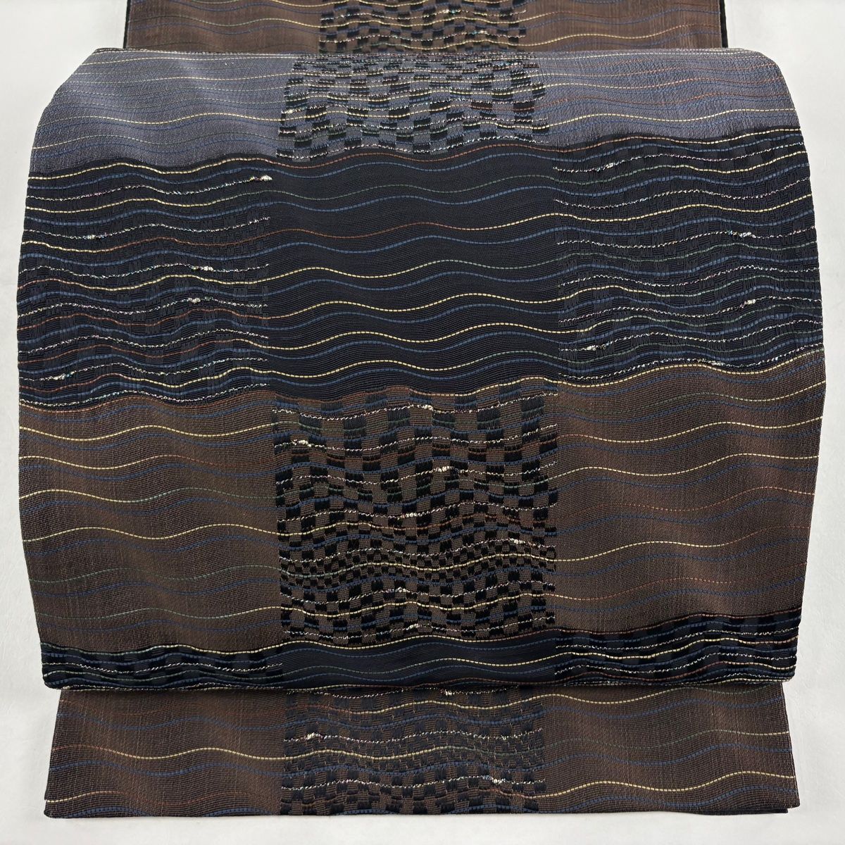 袋帯 よろけ縞 変わり市松 金糸 茶紫 六通 正絹