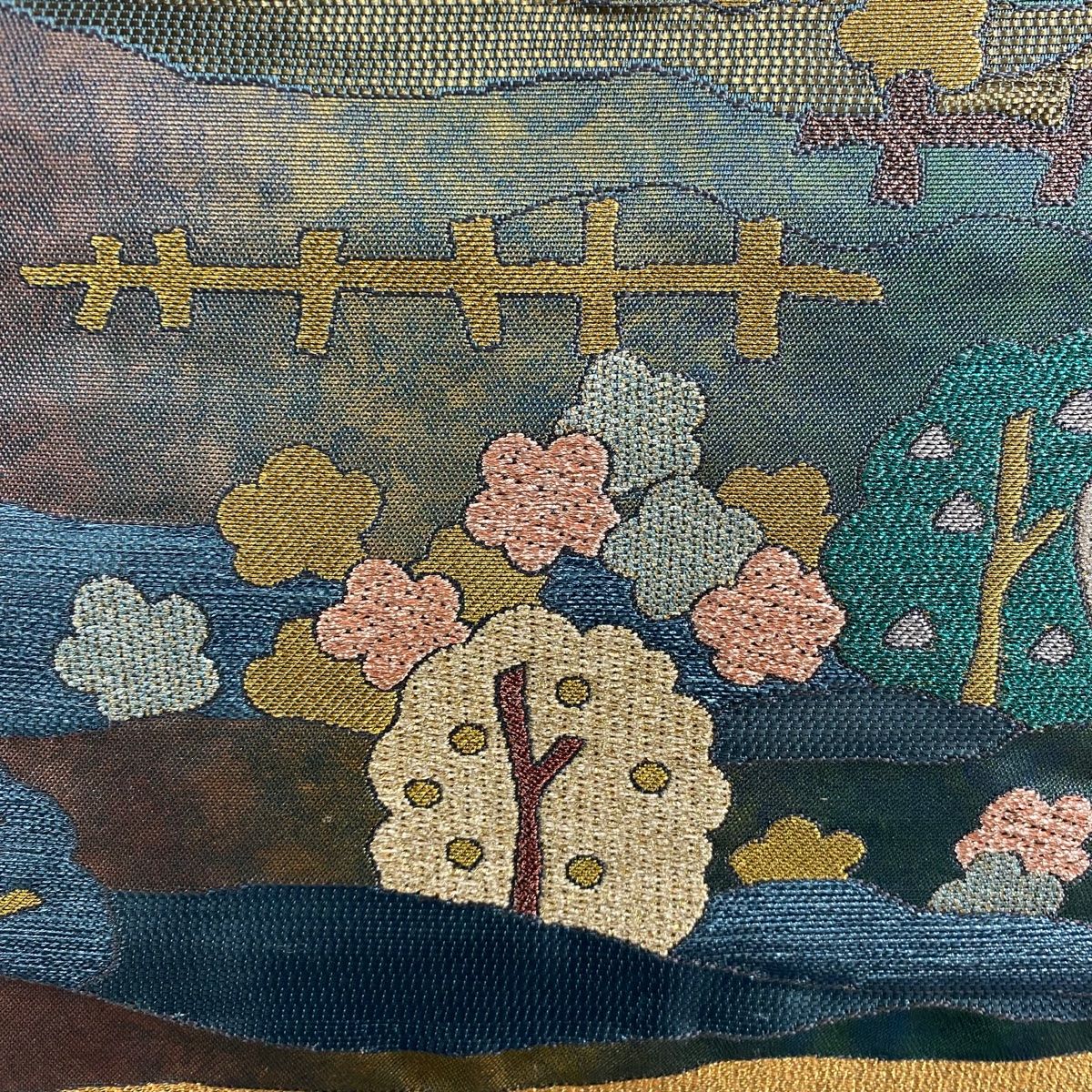 袋帯 引箔袋 星降る里 樹木 蝶 金糸 箔 緑 六通 正絹