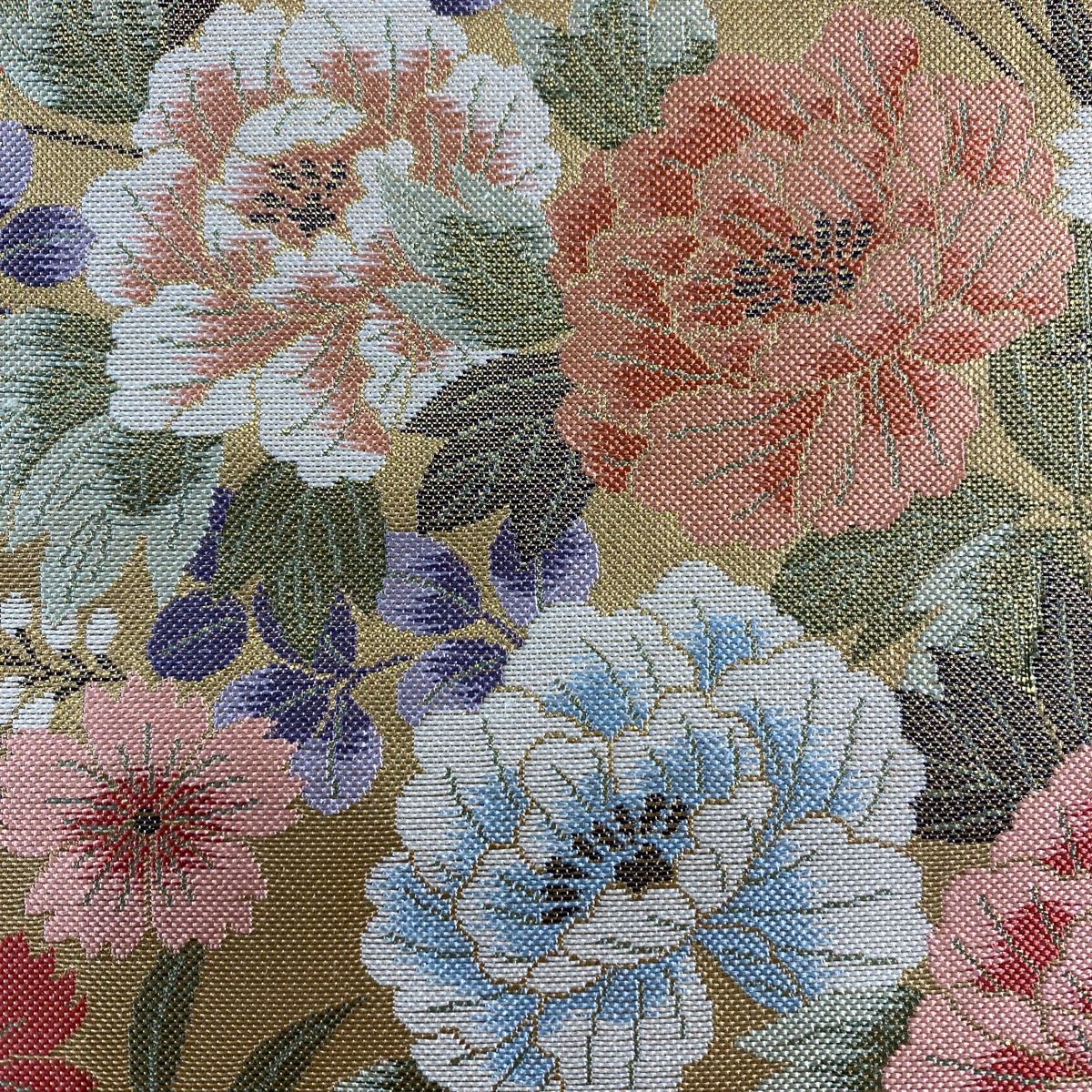 袋帯 秀品 扇面 草花 箔 薄緑 六通 正絹