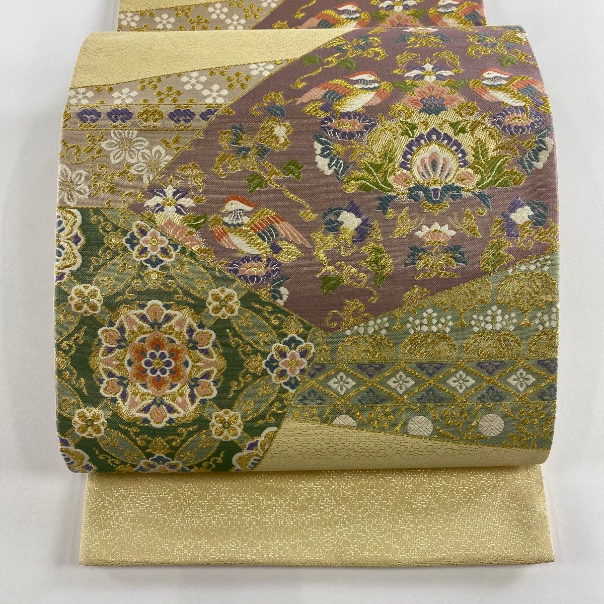 袋帯 秀品 証紙 向かい鳥 華文 箔 金糸 ベージュ 六通 正絹