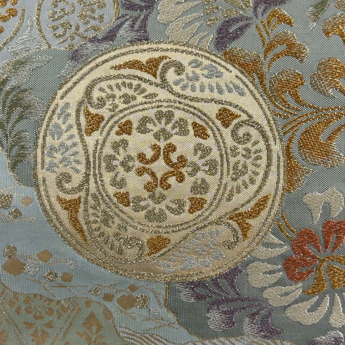 袋帯 秀品 草花 花菱 金銀彩 箔 薄緑 六通 正絹