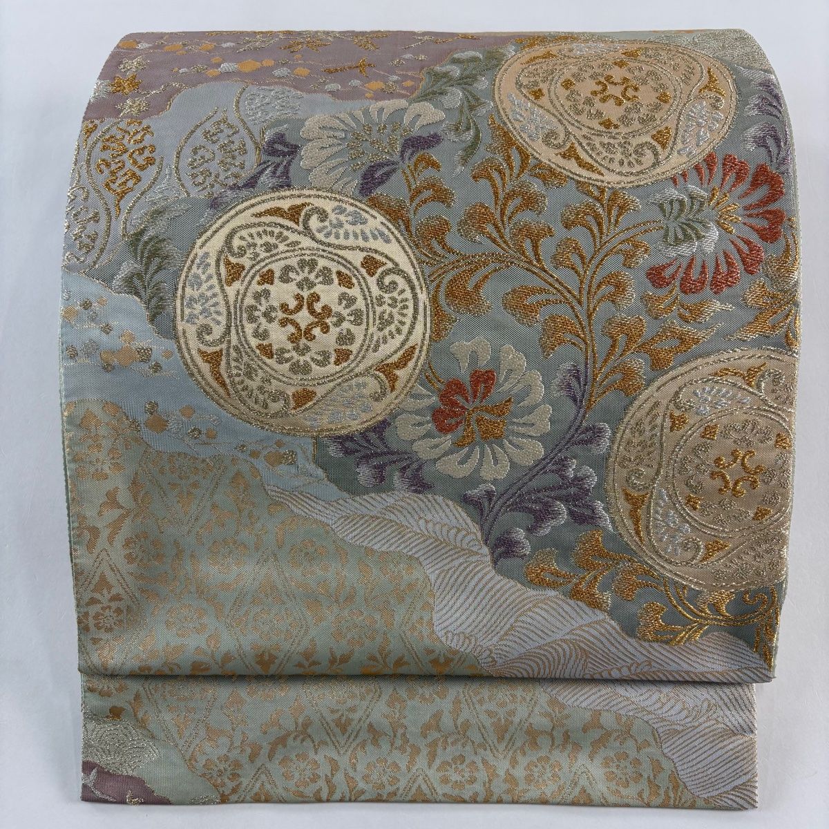 袋帯 秀品 草花 花菱 金銀彩 箔 薄緑 六通 正絹