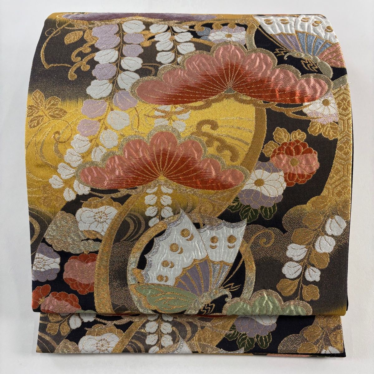 袋帯 秀品 蝶 松 金銀糸 箔 黒 六通 正絹