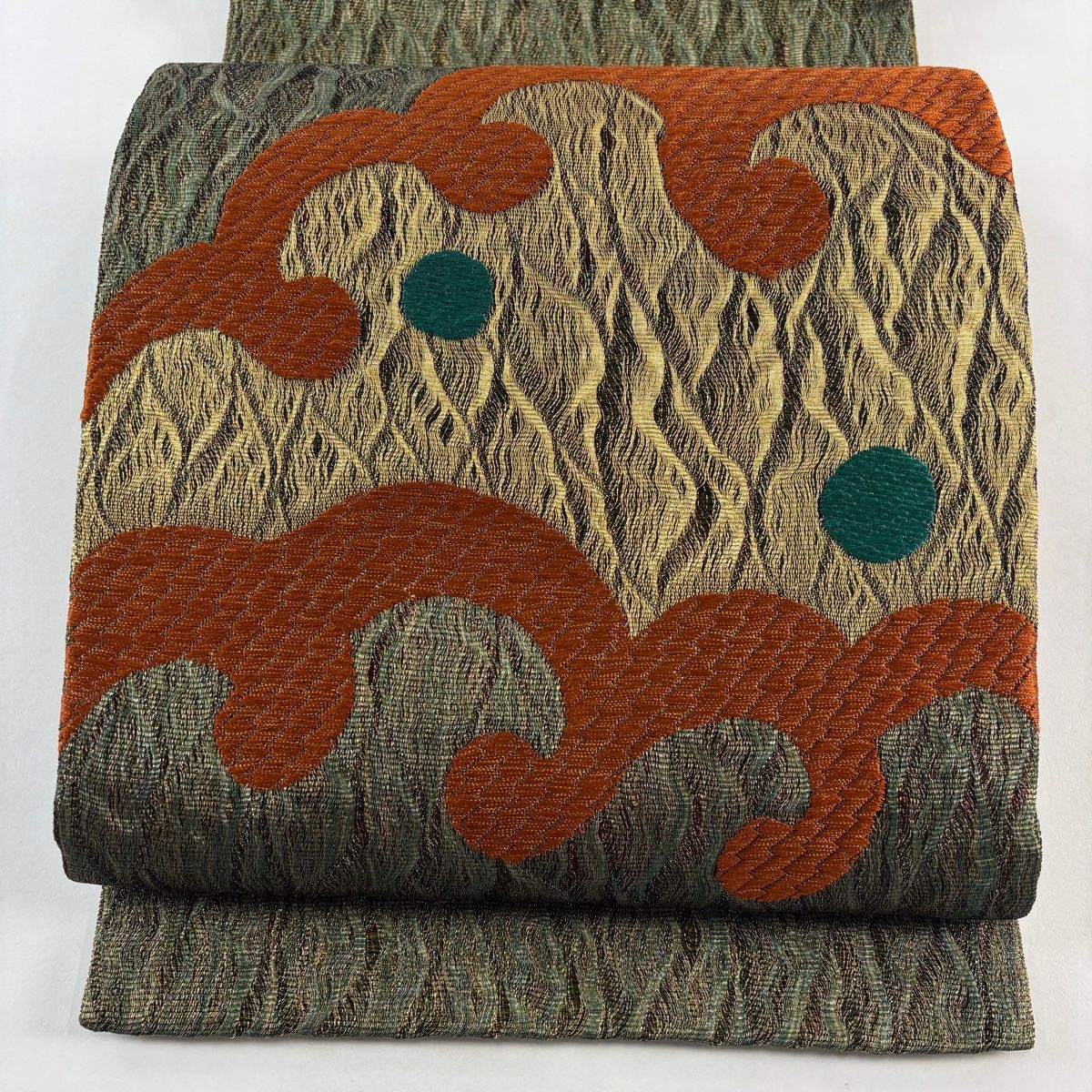 袋帯 秀品 波頭 金糸 緑 お太鼓柄 正絹