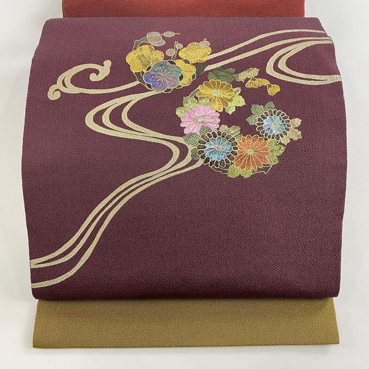 袋帯 梅 菊 金彩 螺鈿 紫 お太鼓柄 正絹
