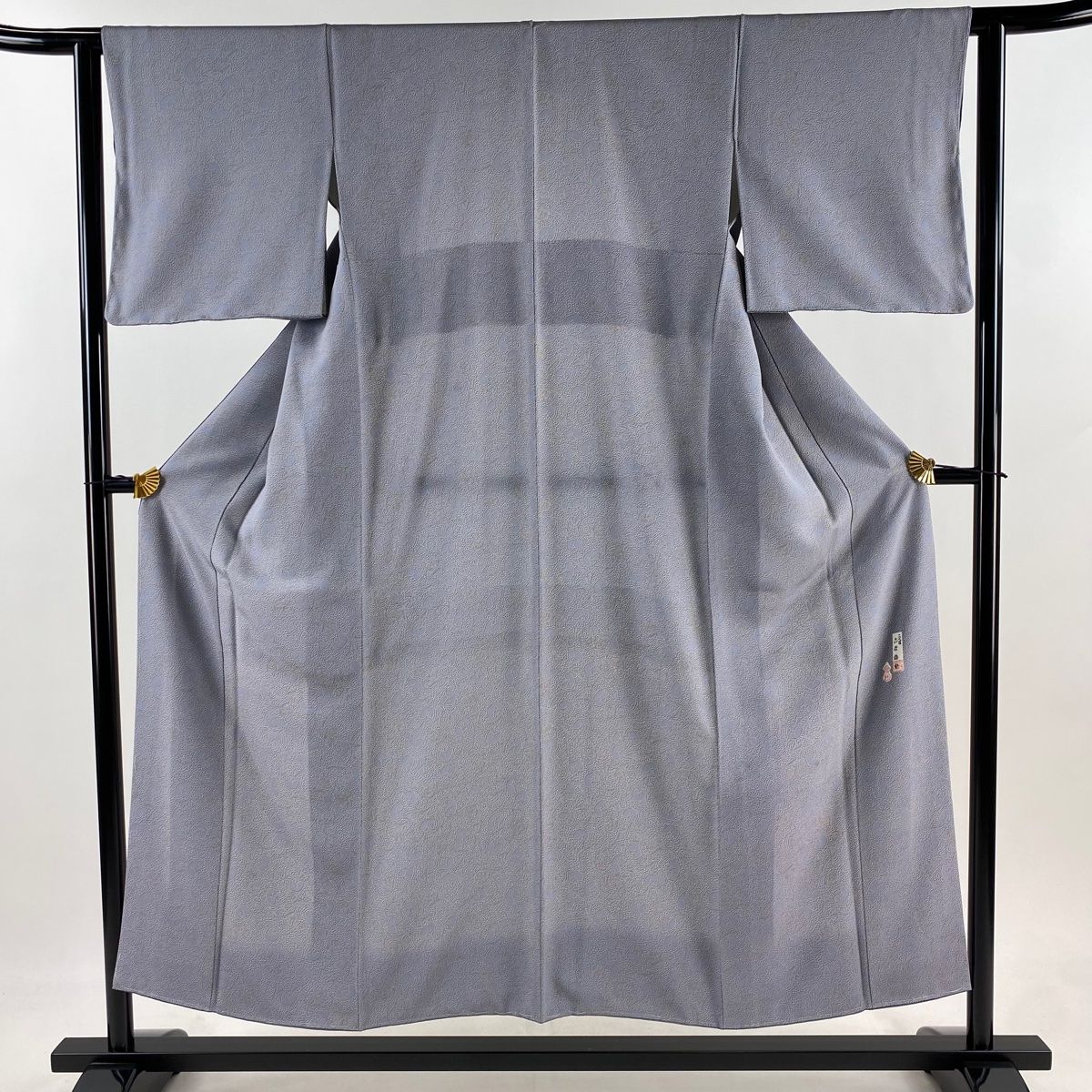 小紋 身丈153cm 裄丈62cm S 袷 人間国宝 六谷梅軒 落款 草花 青灰色 正絹 秀品