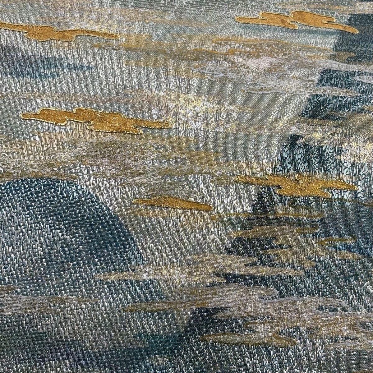 袋帯 秀品 山 霞 金糸 金銀彩 灰緑 お太鼓柄 正絹