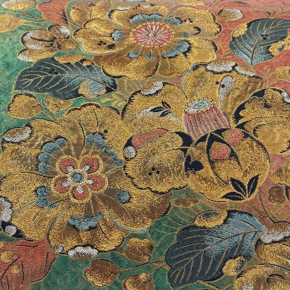 袋帯 秀品 まいづる 落款 辻が花柄 花菱 金銀糸 箔 緑 六通 正絹