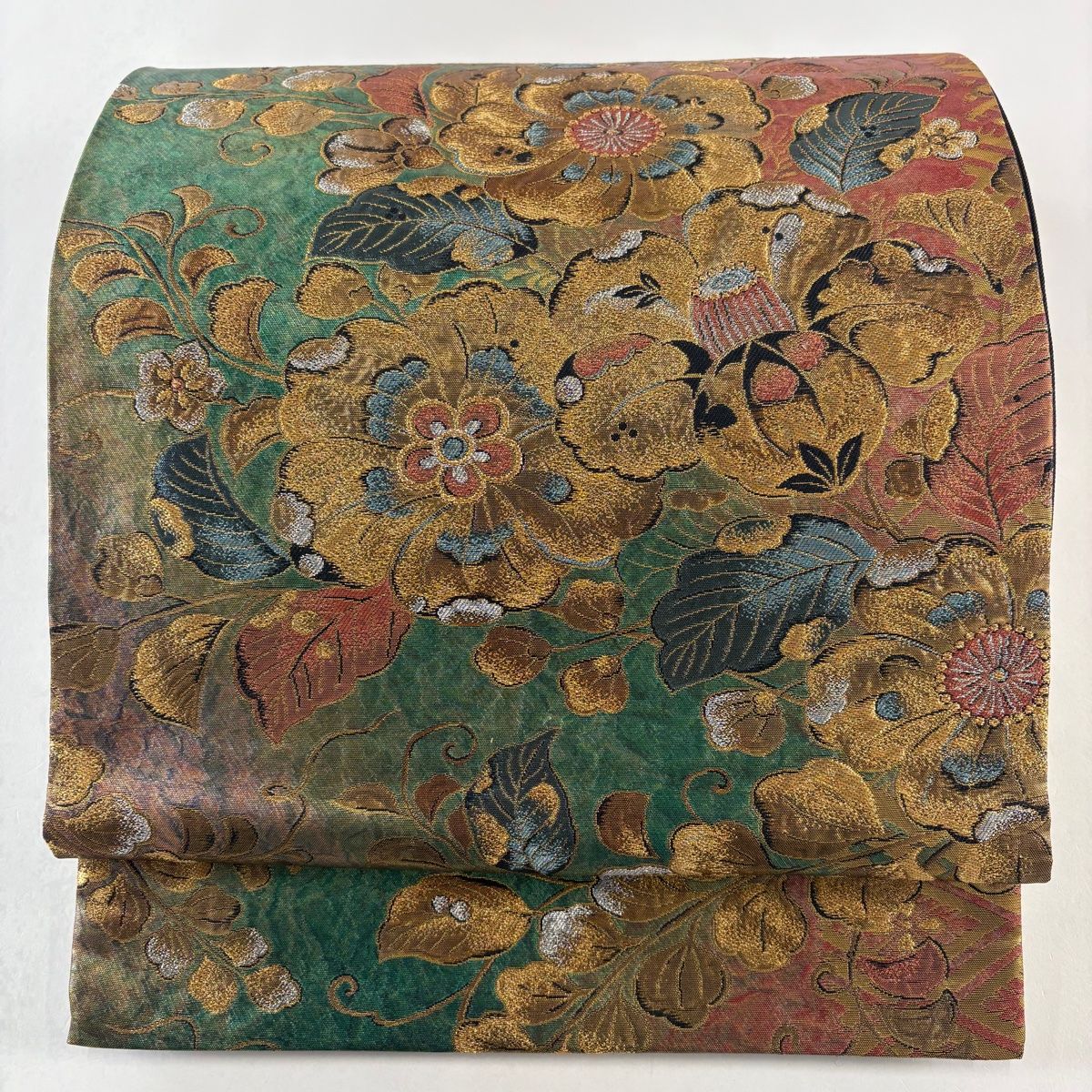 袋帯 秀品 まいづる 落款 辻が花柄 花菱 金銀糸 箔 緑 六通 正絹