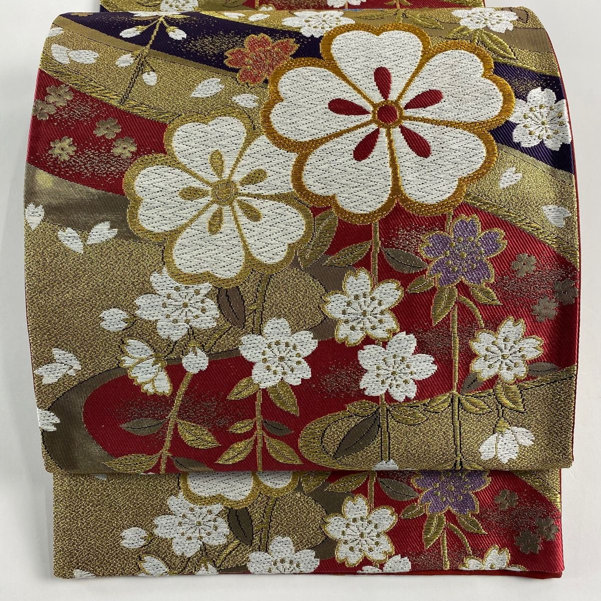 袋帯 秀品 桜 霞 唐織 箔 赤紫 六通 正絹