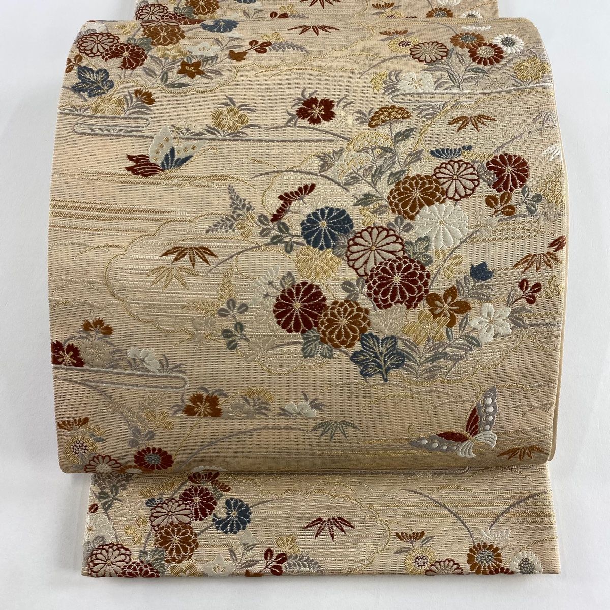 袋帯 秀品 雲花御所解文 秋草 箔 薄茶色 六通 正絹