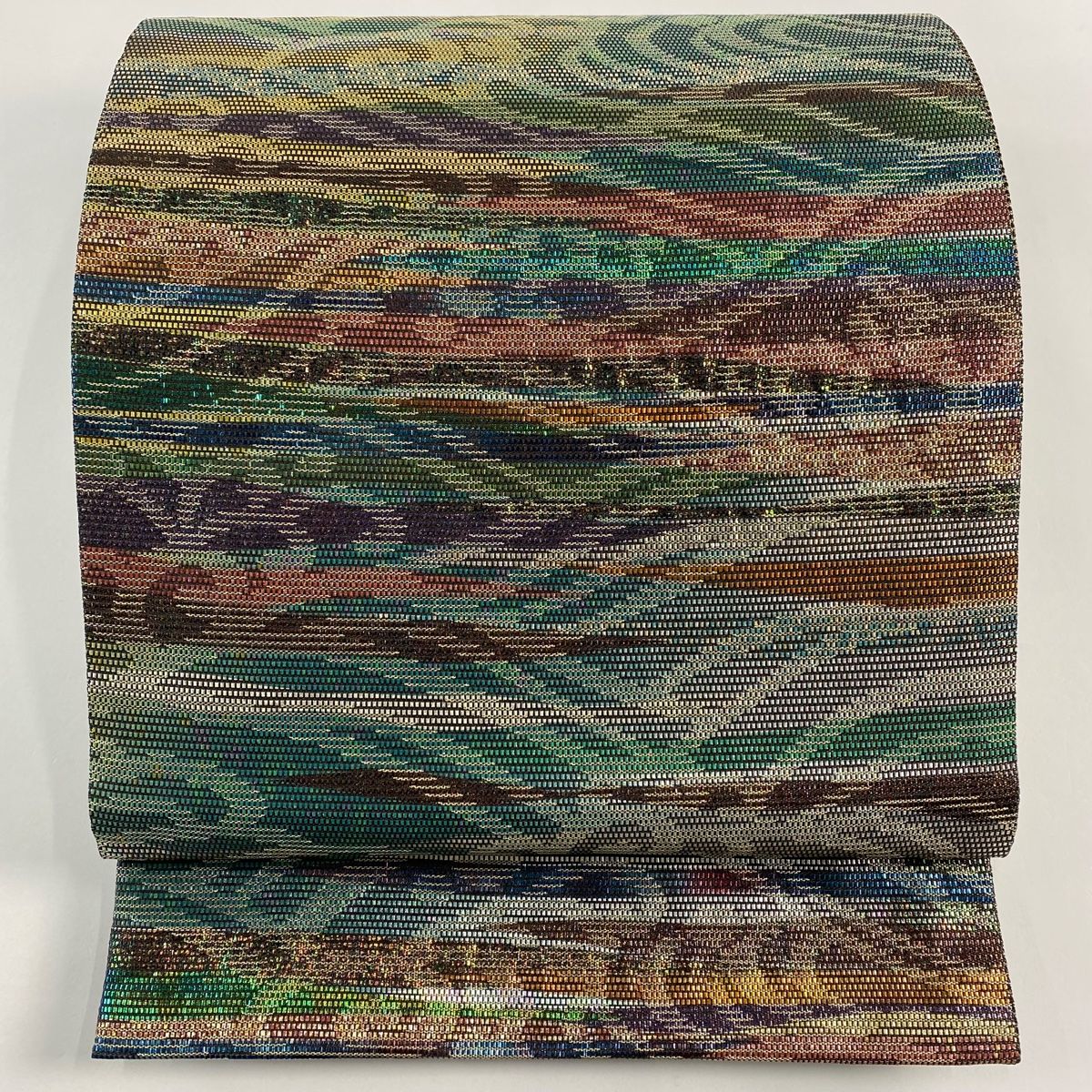 袋帯 秀品 波頭 霞 金糸 箔 緑 お太鼓柄 正絹