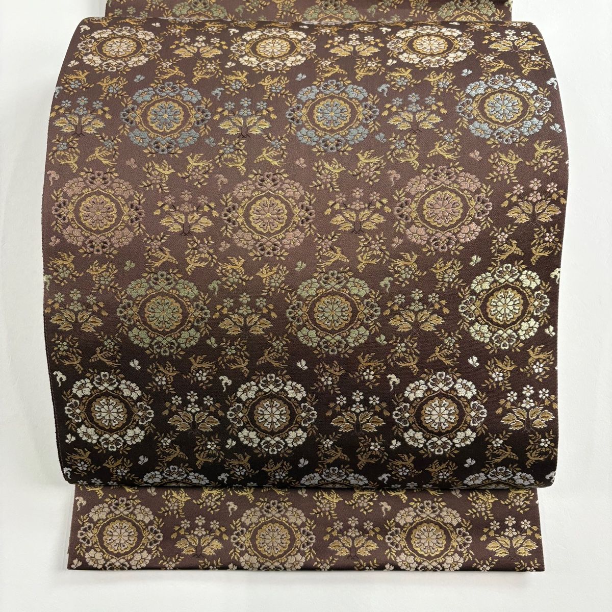 袋帯 西陣織 華文 花鳥 箔 刺繍 茶紫 全通 正絹