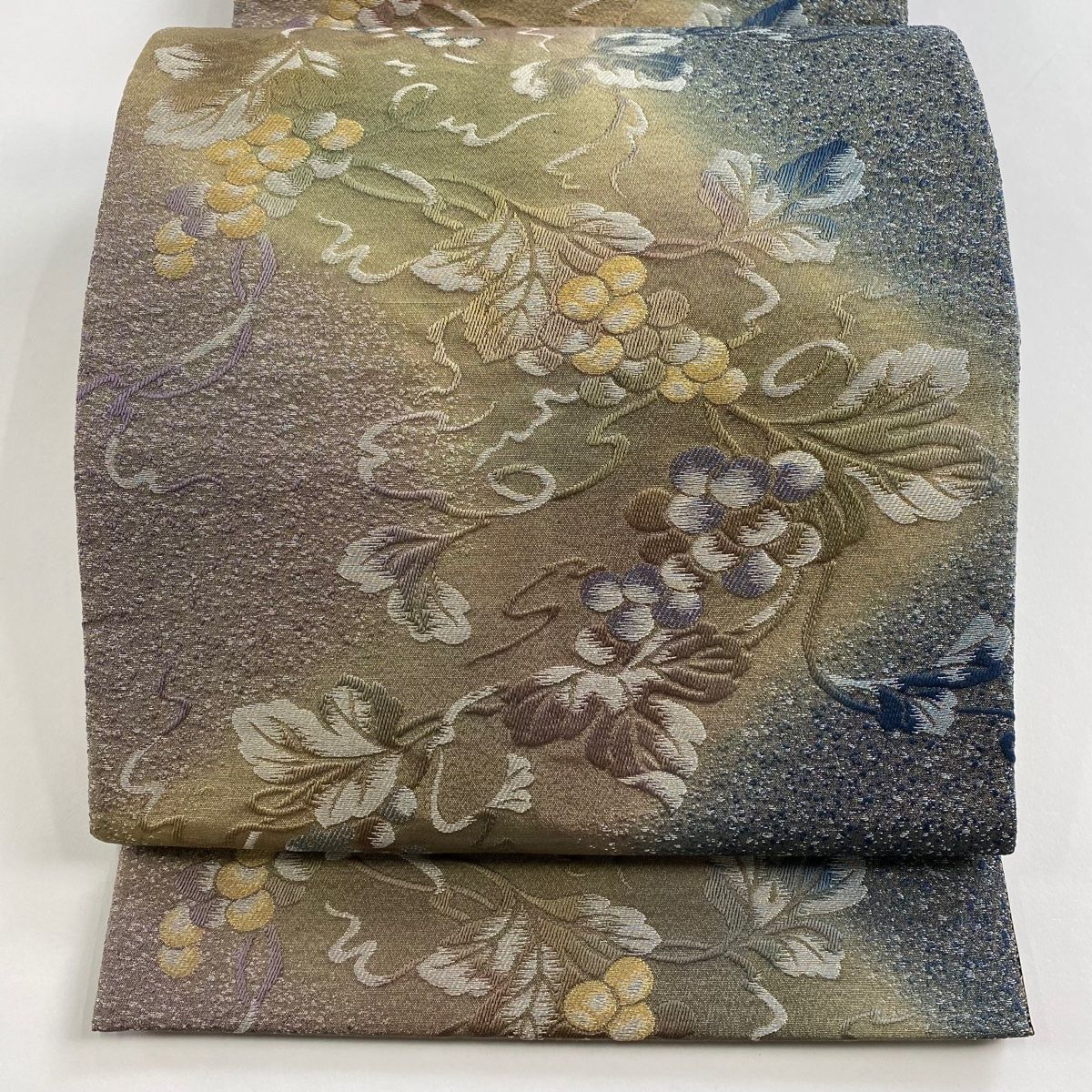 袋帯 葡萄 金銀糸 刺繍 灰緑 全通 正絹