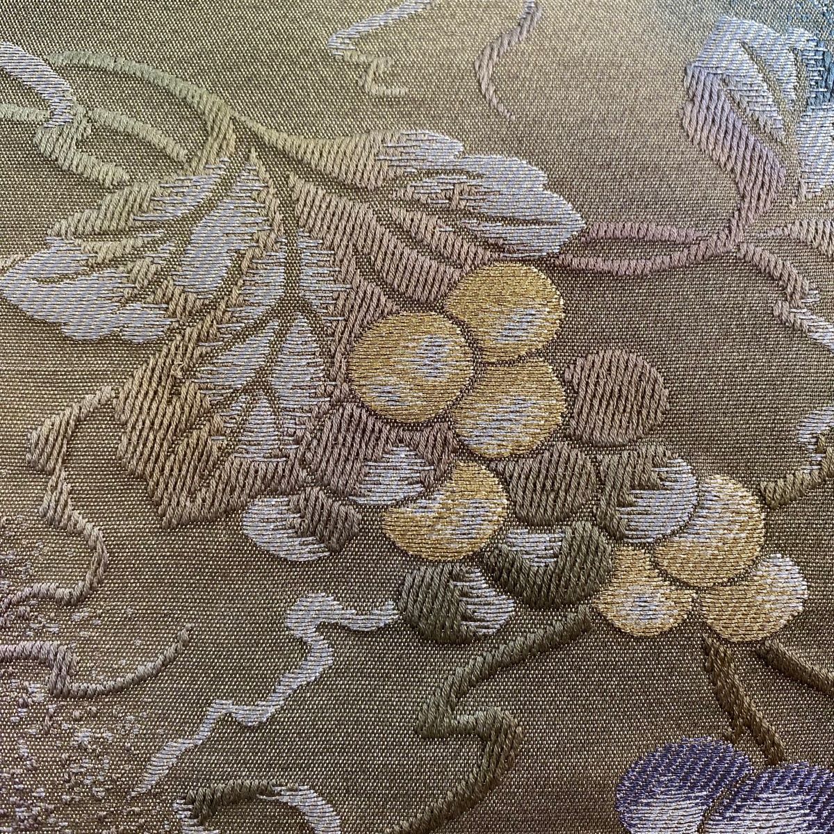 袋帯 葡萄 金銀糸 刺繍 灰緑 全通 正絹
