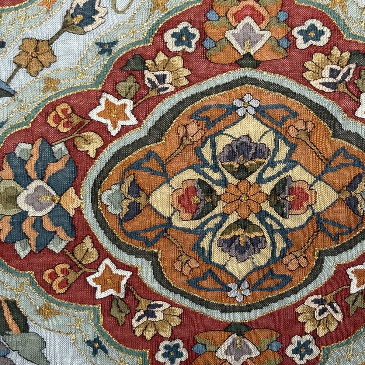 袋帯 華文 花唐草 金糸 青灰色 お太鼓柄 正絹