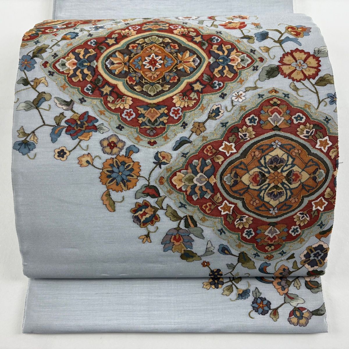 袋帯 華文 花唐草 金糸 青灰色 お太鼓柄 正絹