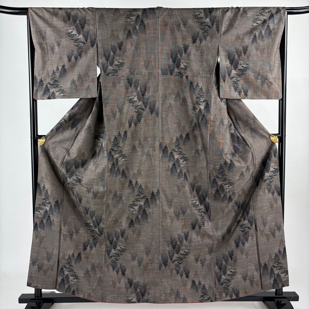 紬 身丈160 5 cm 裄丈66 M 袷 やまと 樹木 家屋 焦茶色 正絹 秀品