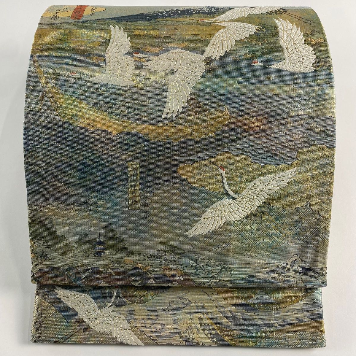 袋帯 秀品 水辺の風景 鶴 金糸 箔 青灰色 お太鼓柄 正絹