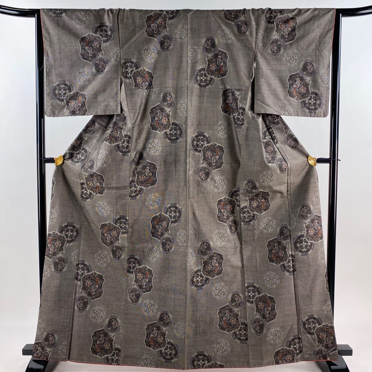 紬 身丈165cm 裄丈65cm M 袷 鈴乃屋 鳥 草花 焦茶色 正絹 秀品