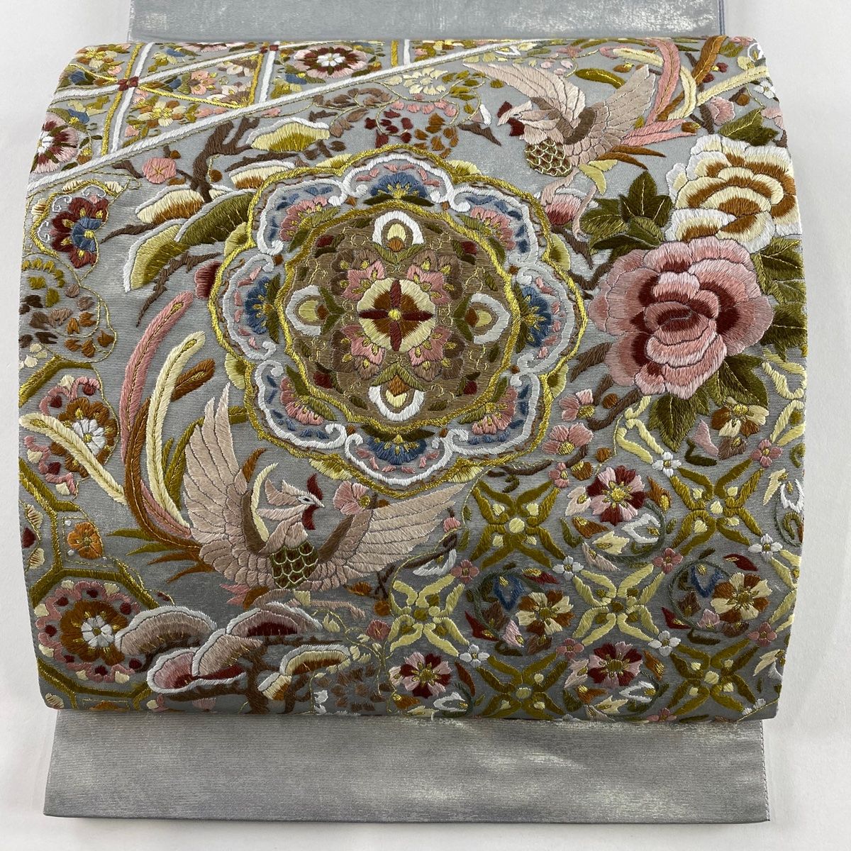 袋帯 秀品 華文 鳳凰 刺繍 金糸 灰色 お太鼓柄 正絹