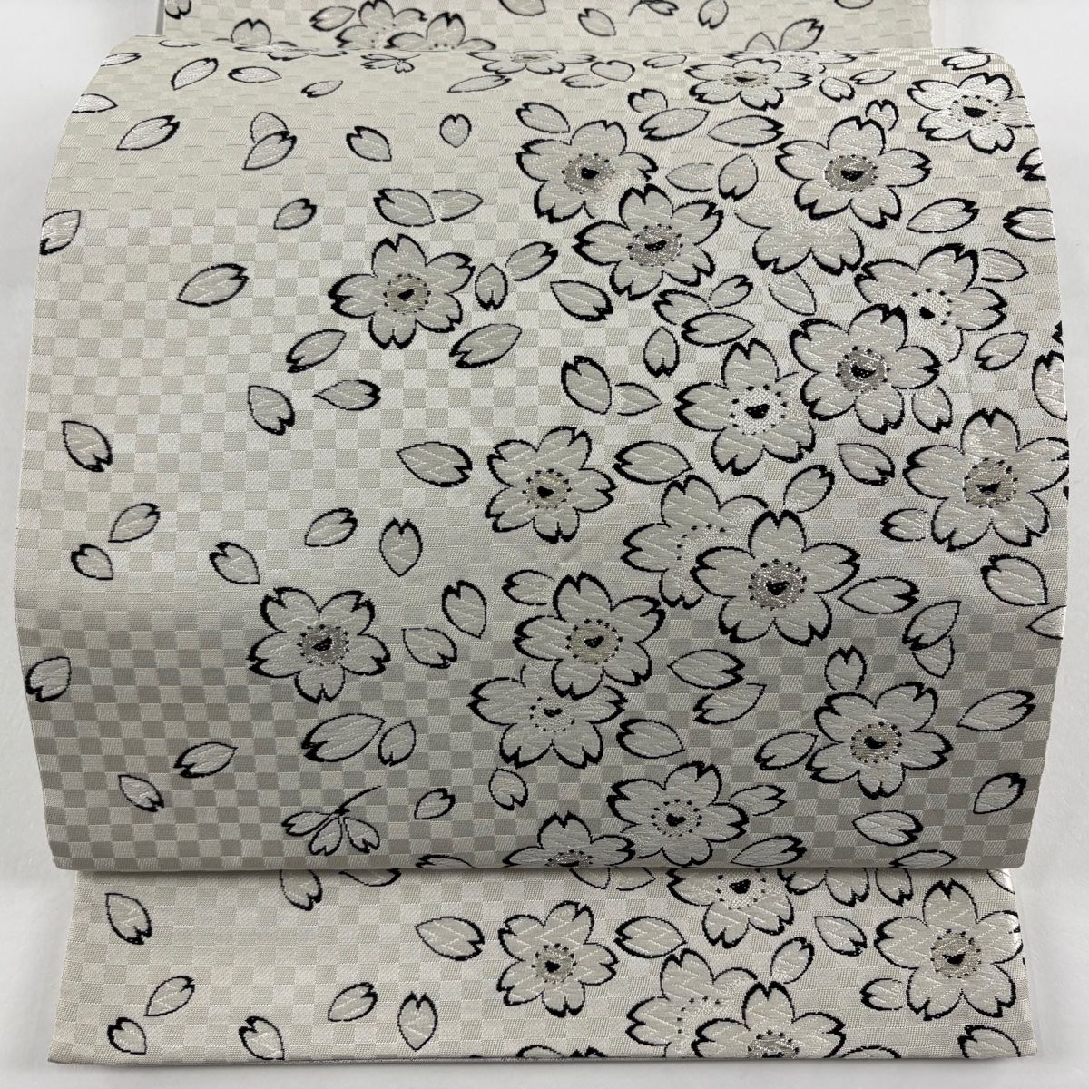 袋帯 桜 唐織 銀糸 灰白 六通 正絹