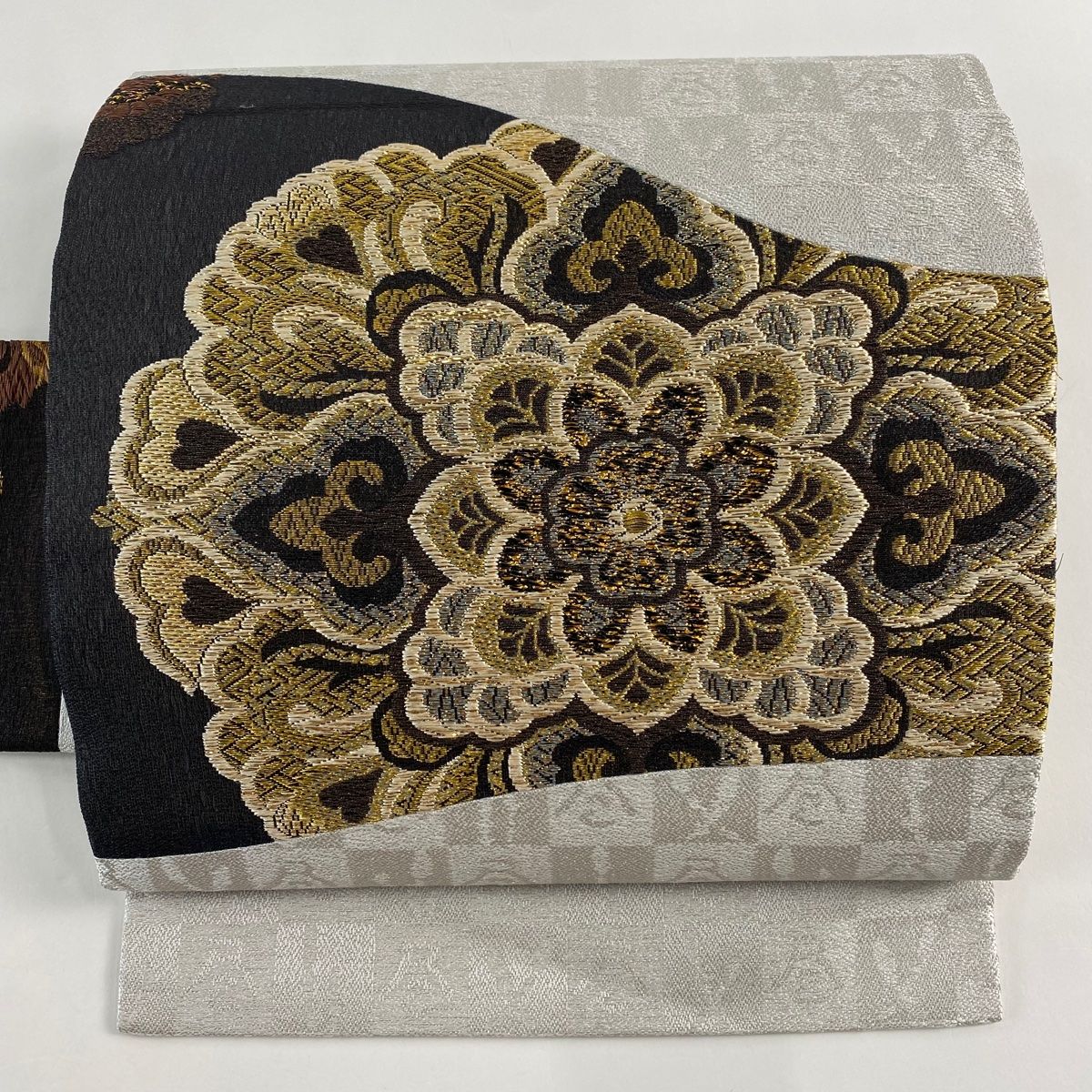 名古屋帯 華文 文字文 金糸 箔 灰白 正絹