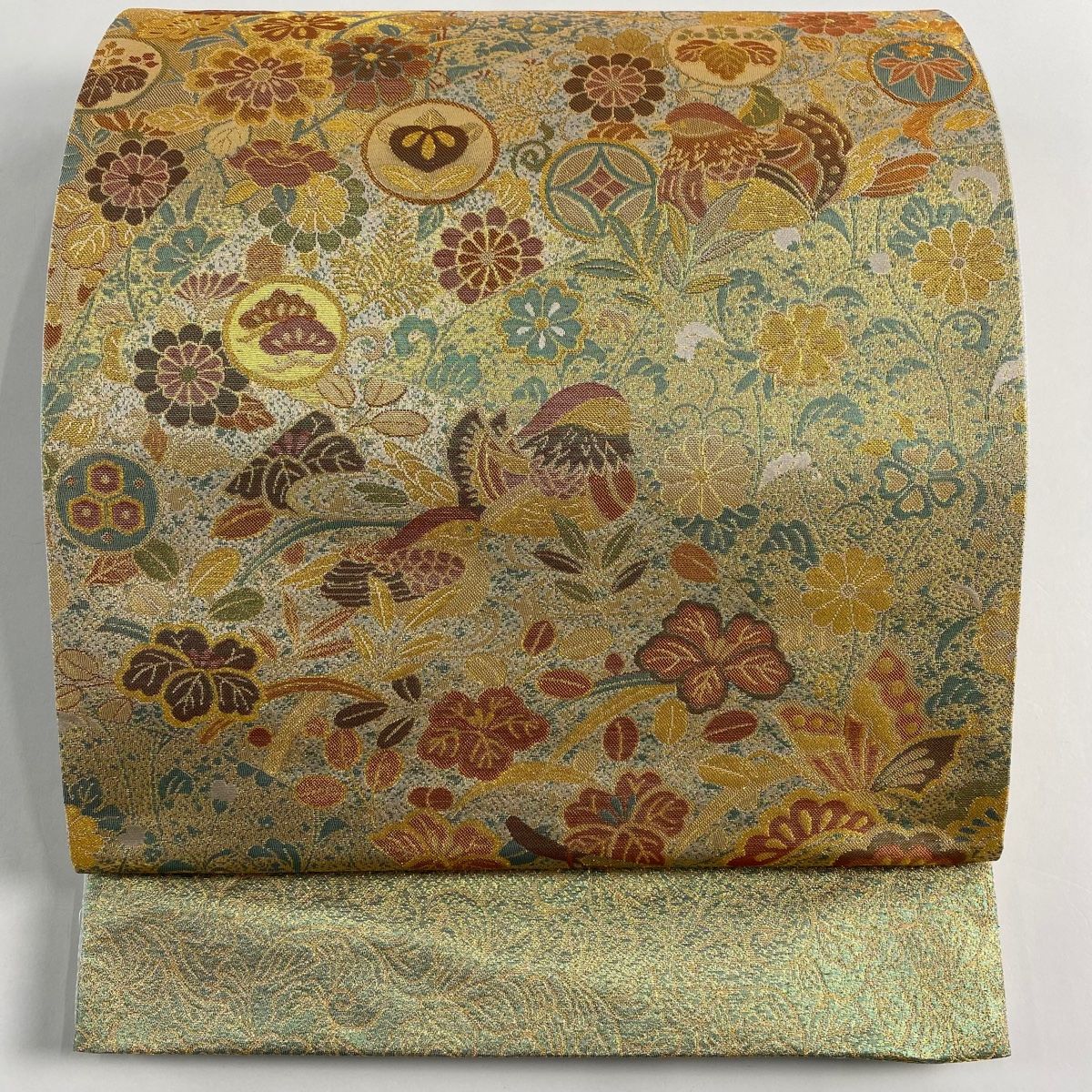 袋帯 秀品 古代彫金紋 鴛鴦 松 金糸 箔 薄緑 六通 正絹