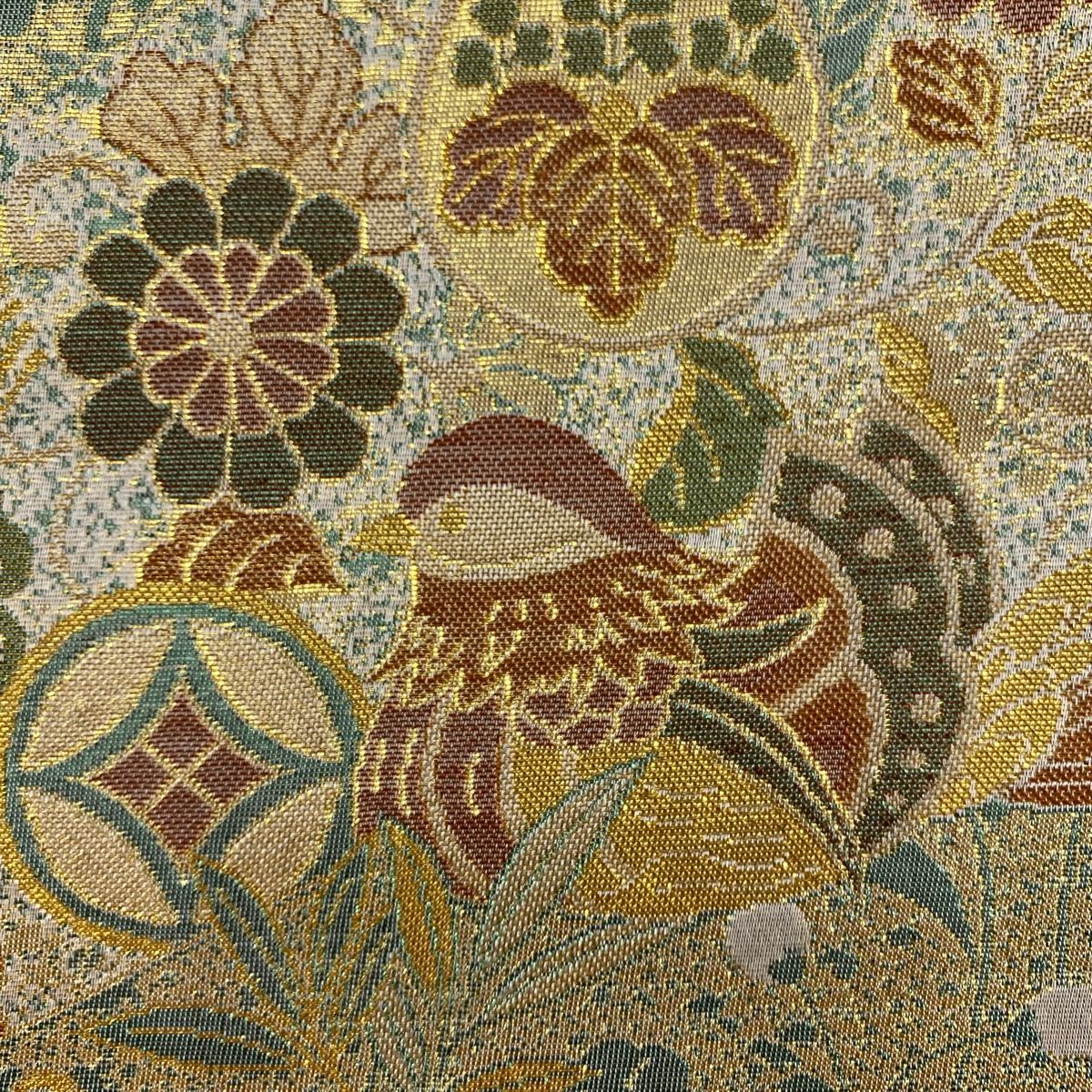 袋帯 秀品 古代彫金紋 鴛鴦 松 金糸 箔 薄緑 六通 正絹