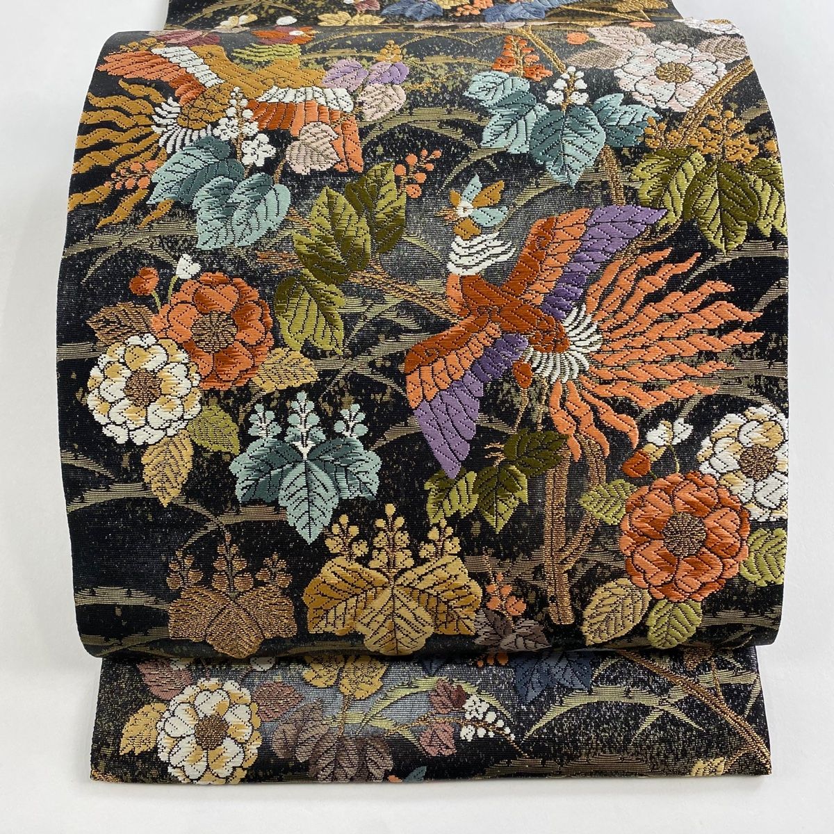袋帯 桐鳳凰紋 草花 純金箔 唐織 黒 六通 正絹