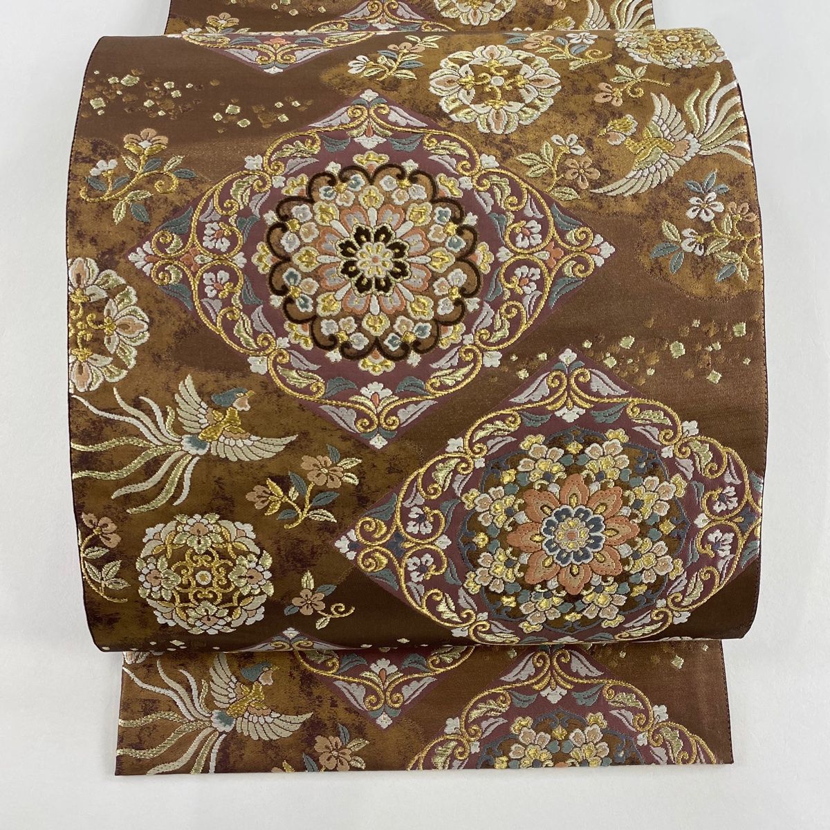 袋帯 秀品 菱 花鳥 箔 金糸 茶色 六通 正絹