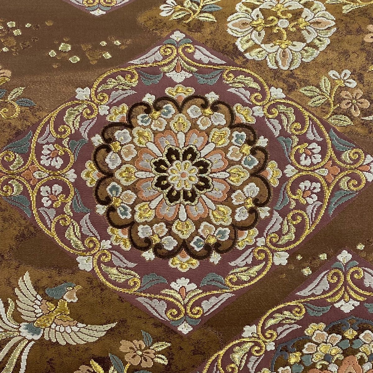 袋帯 秀品 菱 花鳥 箔 金糸 茶色 六通 正絹