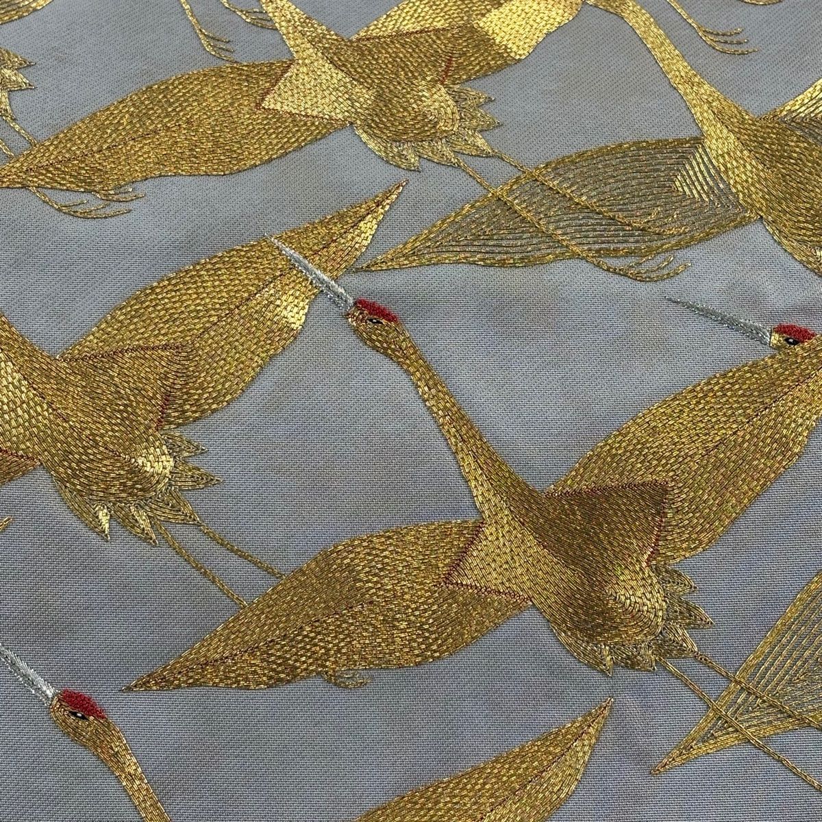 袋帯 秀品 鶴 金銀糸 箔 灰色 お太鼓柄 正絹