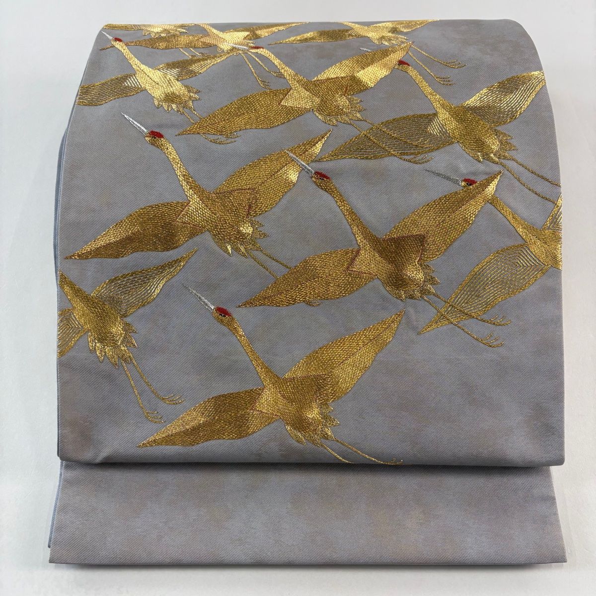 袋帯 秀品 鶴 金銀糸 箔 灰色 お太鼓柄 正絹