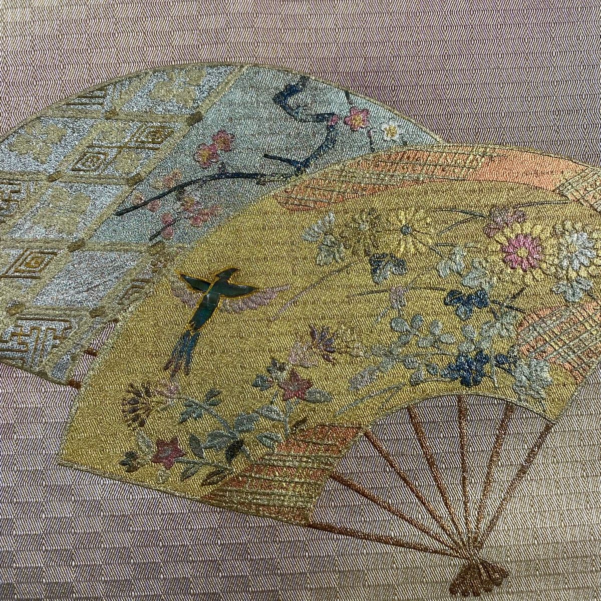 名古屋帯 秀品 扇 金銀彩 螺鈿 ベージュ 正絹