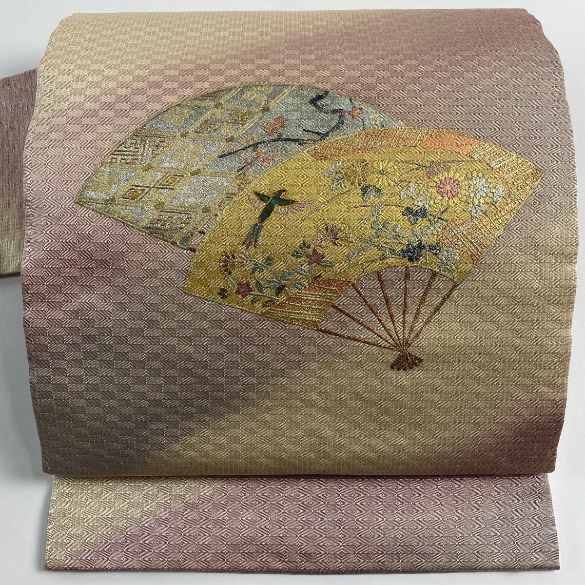 名古屋帯 秀品 扇 金銀彩 螺鈿 ベージュ 正絹