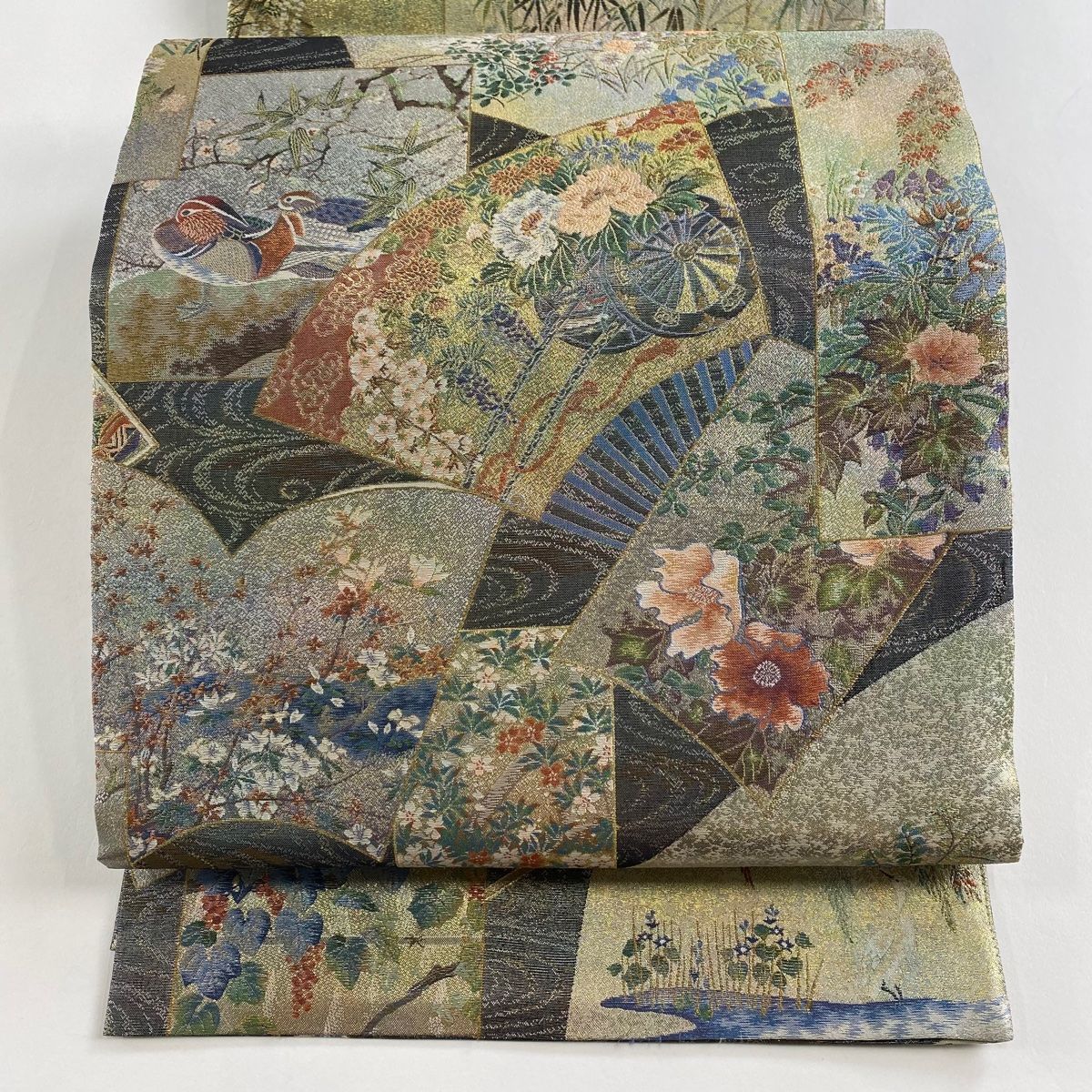 丸帯 日本絵画全集 扇面 草花 箔 金糸 灰緑 お太鼓柄 正絹