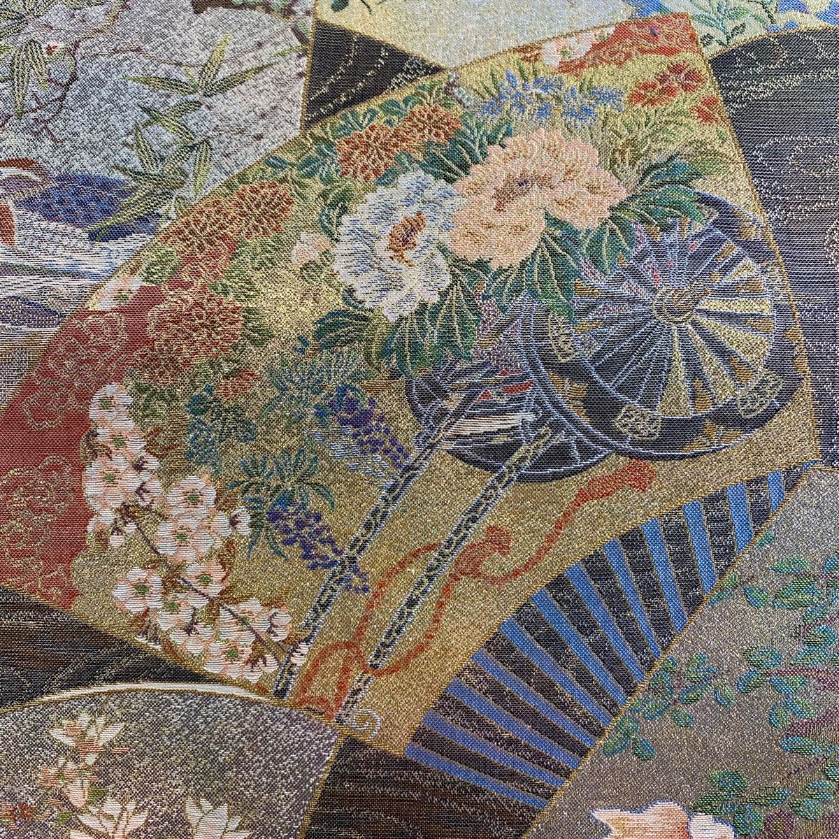 丸帯 日本絵画全集 扇面 草花 箔 金糸 灰緑 お太鼓柄 正絹