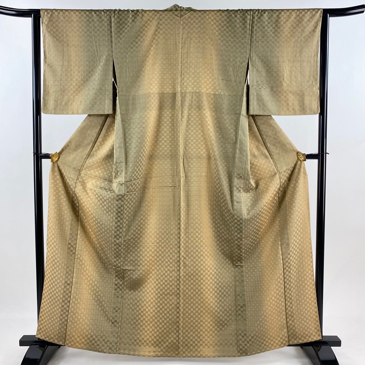 小紋 身丈163.5cm 裄丈64cm M 薄物 市松 縞 ぼかし 薄茶色 正絹 秀品