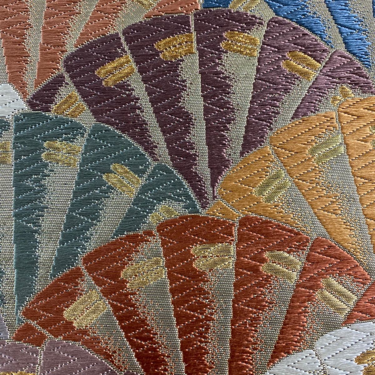 袋帯 秀品 落款 山城機業店 桧扇 唐織 金糸 薄茶色 六通 正絹