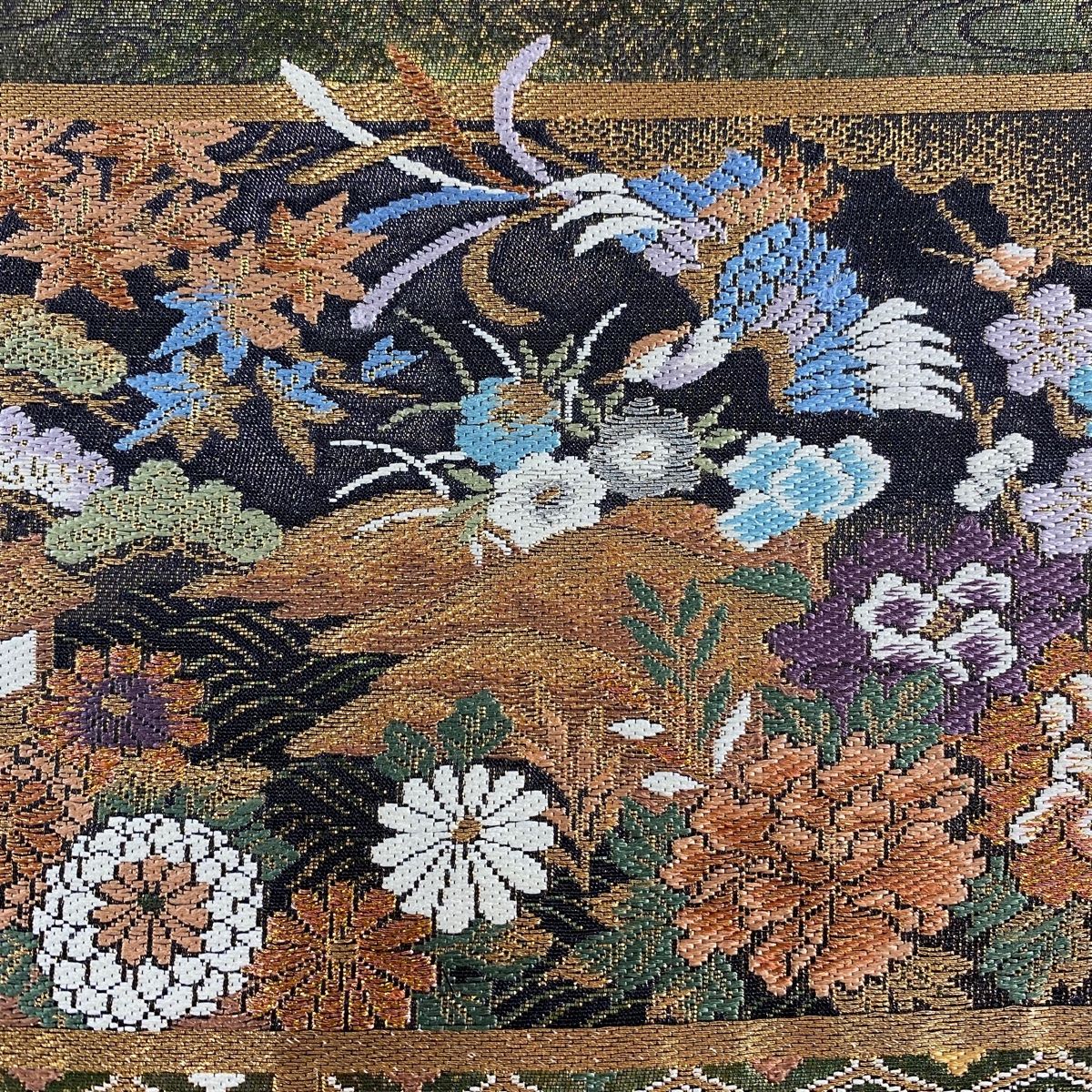 袋帯 秀品 草花 鳥 刺繍 金糸 緑 六通 正絹
