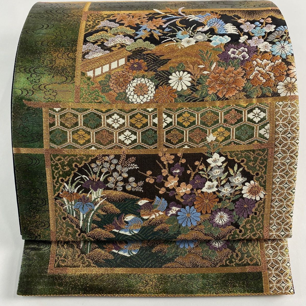 袋帯 秀品 草花 鳥 刺繍 金糸 緑 六通 正絹