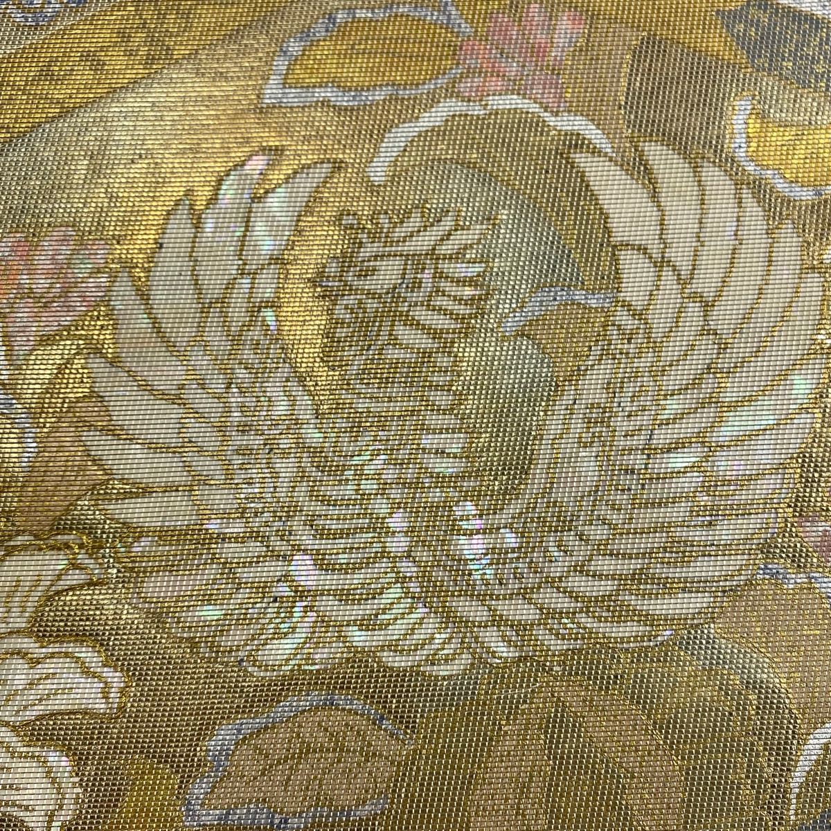 袋帯 秀品 鳥 草花 螺鈿箔 箔 銀色 お太鼓柄 正絹