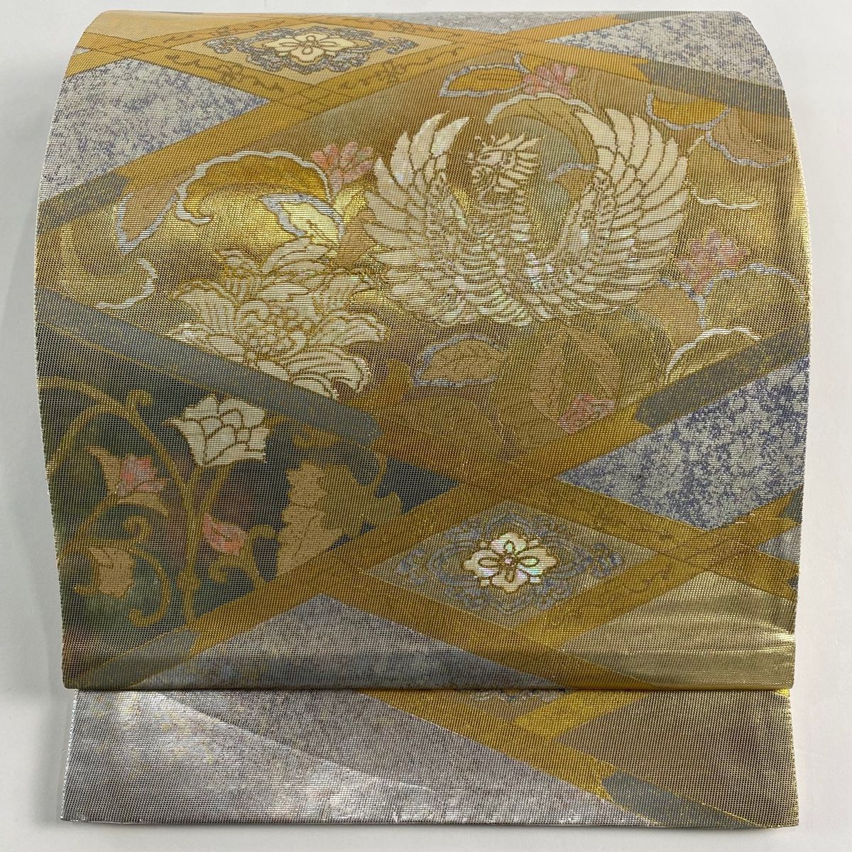 袋帯 秀品 鳥 草花 螺鈿箔 箔 銀色 お太鼓柄 正絹