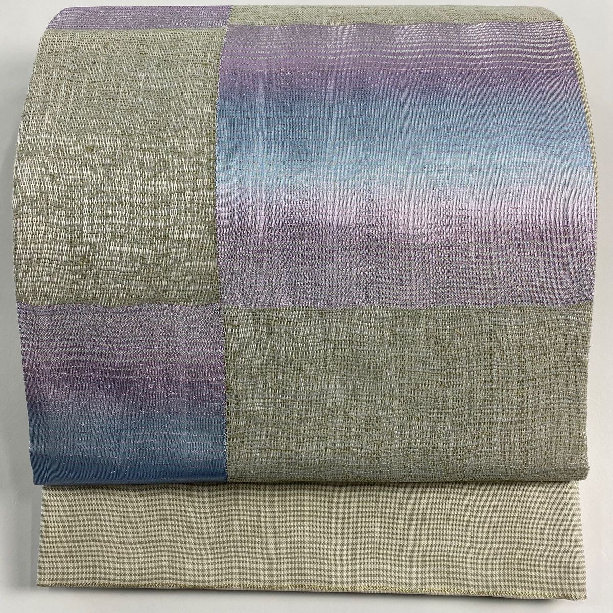 袋帯 秀品 関西仕立て 変わり市松 よろけ縞 箔 灰色 六通 正絹