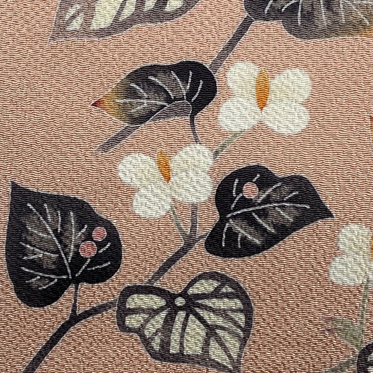 名古屋帯 人間国宝 羽田登喜男 落款 草花 ぼかし ちりめん ピンク 正絹